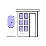 Minimalist black linear icon featuring a building and tree with purple accents, representing student accommodation and campus life. Links to a webpage with more information about Accommodation at KTU.