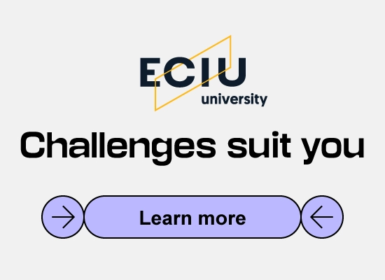 Promotional banner featuring the ECIU University logo, the text "Challenges suit you", and a purple "Learn more" button with directional arrow icons. Links to a webpage with more information about ECIU University challenges and learning opportunities for KTU students.
