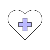 Minimalist black linear heart-shaped icon with a purple plus symbol at its centre, representing health, wellbeing and student support. Links to a webpage with more information about emotional and physical wellbeing at KTU.