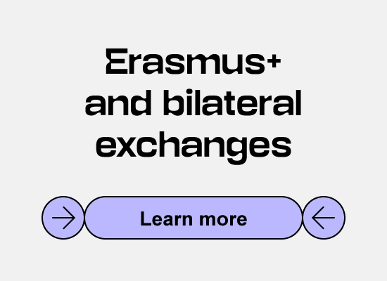 Promotional banner featuring the Erasmus+ logo, the text "Erasmus+ and bilateral exchanges", and a purple "Learn more" button with directional arrow icons. Links to a webpage with more information about Erasmus+ and bilateral exchange opportunities at KTU.