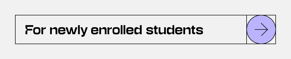 Promotional banner featuring a student using a microscope in a laboratory, the text "For newly enrolled students", and a purple arrow button. Links to a webpage with more information for newly enrolled students at KTU.