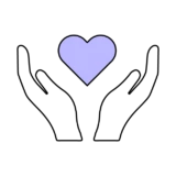 Minimalist black linear icon featuring two open hands holding a purple heart, representing inclusion, accessibility and student support. Links to a webpage with more information about Studies Accessibility at KTU.