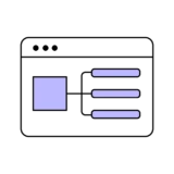 Minimalist black linear icon resembling a webpage layout with a purple content block connected to three horizontal content sections, representing additional educational opportunities and learning pathways. Links to a webpage with more information about Additional Educational Programmes at KTU.