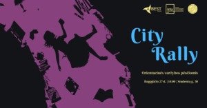 Girl running up in a purple background, on the right there's text in blue and yellow font.