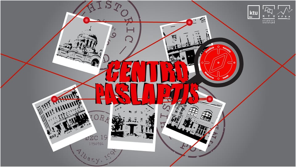 Detektyvinis iššūkis „Centro paslaptis“ Red text in the center, surrounded by 5 photos of Kaunas; the photos are connected by a red thread