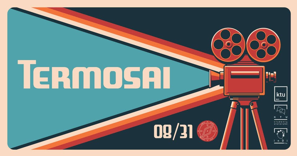 Termosai 2026 Old red film projector showing a yellow text with blue background, at the bottom there's date and compass logo.