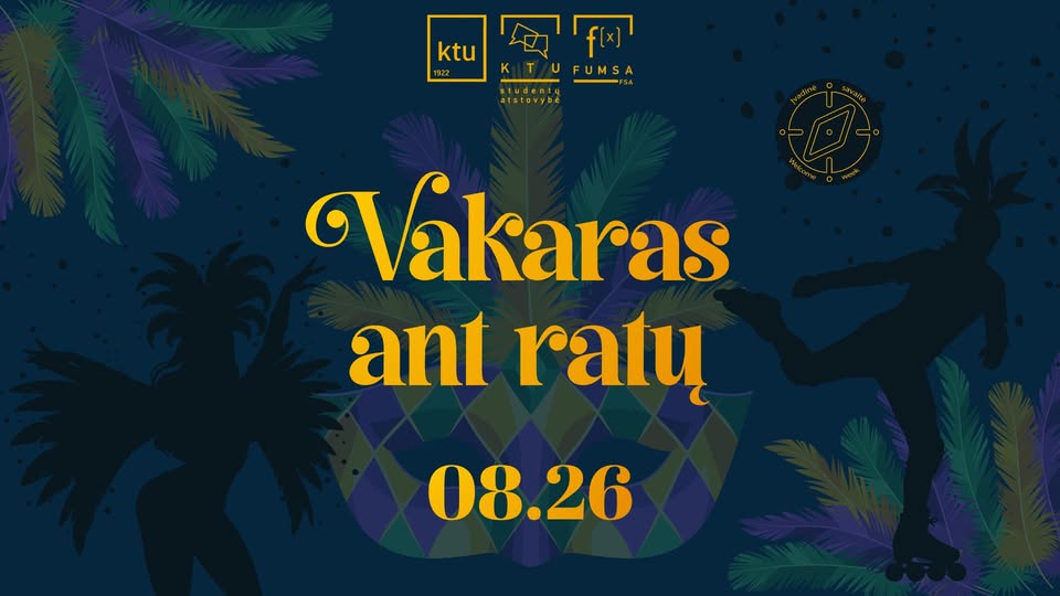 Vakaras ant ratų 2026 Yellow text in the center, green tree leaves surrounding the text, and the silhouette of a person riding a rollerblades